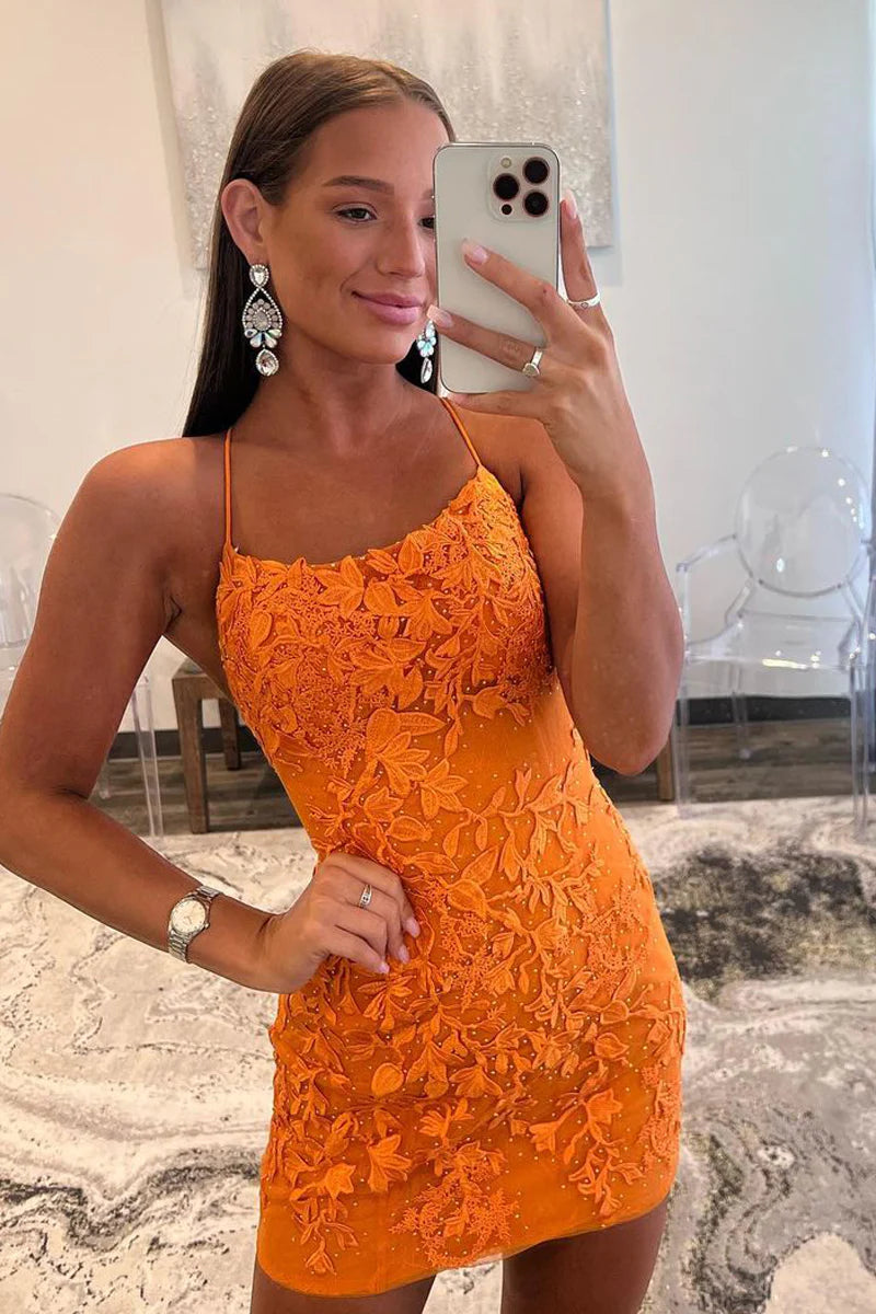 Stylish scoop neck lace mini dress, back view.