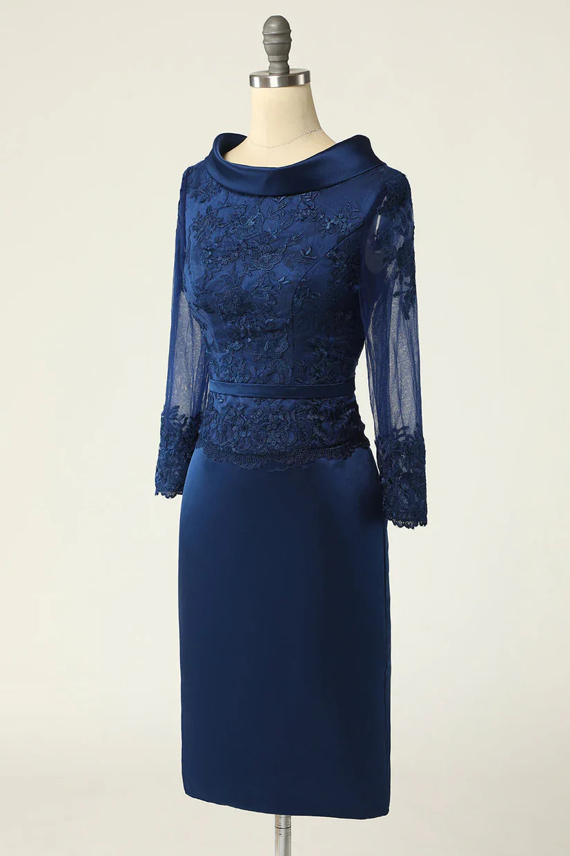 Close-up of the long sleeves and fabric detail on a formal gown.