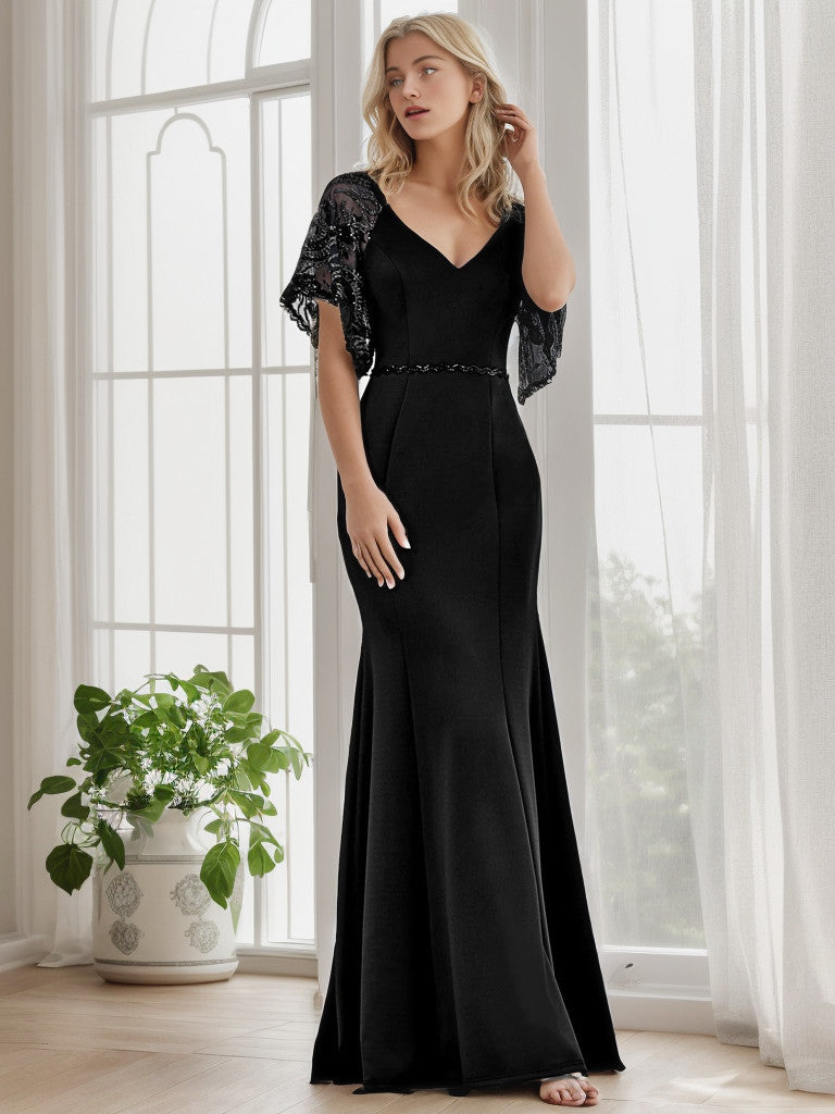 Black V-neck maxi bodycon dress, back view.