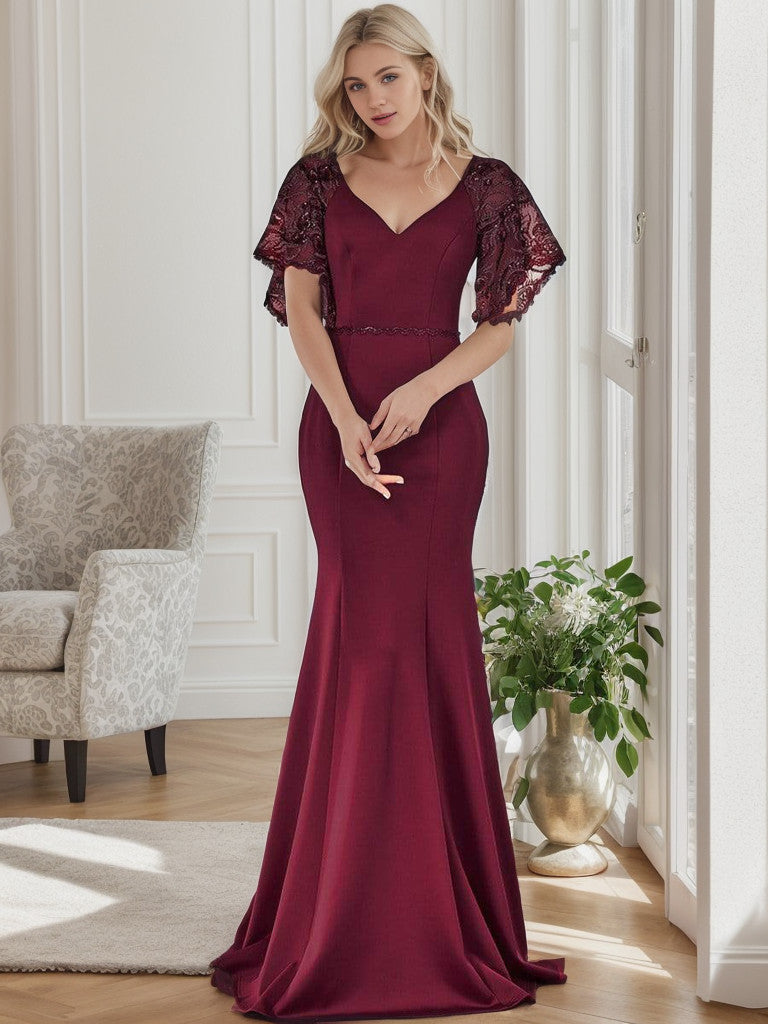 Burgundy V-neck maxi bodycon evening dress with flare sleeves.