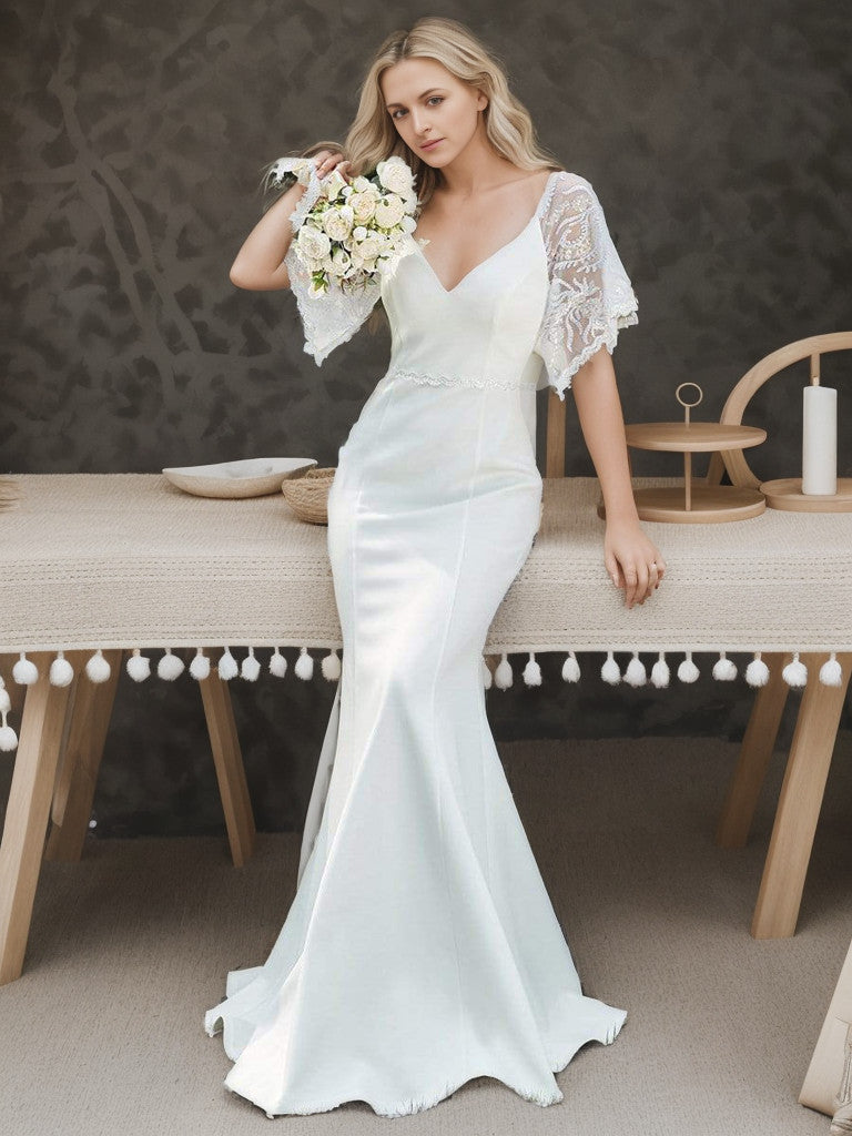 Cream V-neck maxi bodycon evening dress with flare sleeves.