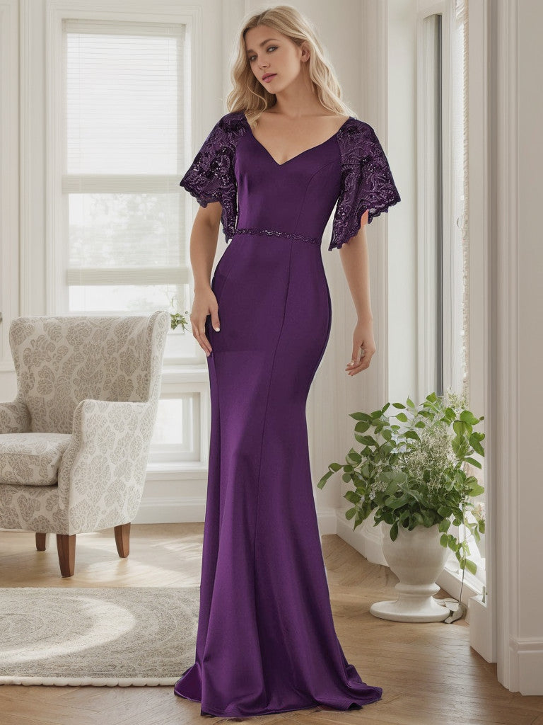 Dark purple V-neck maxi bodycon evening dress with flare sleeves.