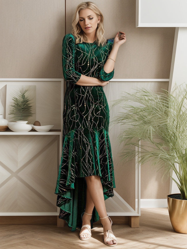 Woman in a dark green velvet high-low dress, close-up.