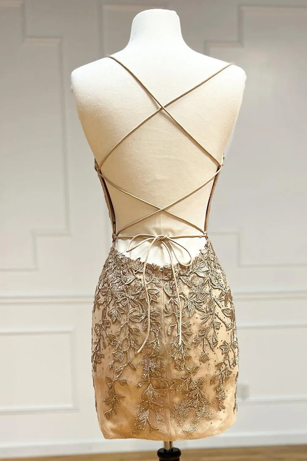 Full length view of the bodycon dress with V-neck and appliques.