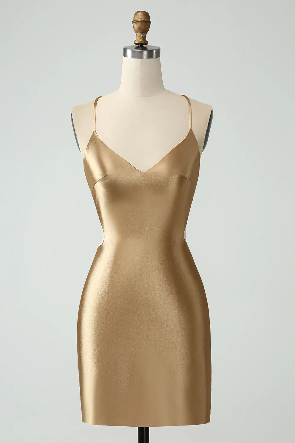 Golden bodycon satin mini dress with spaghetti straps and criss-cross back.