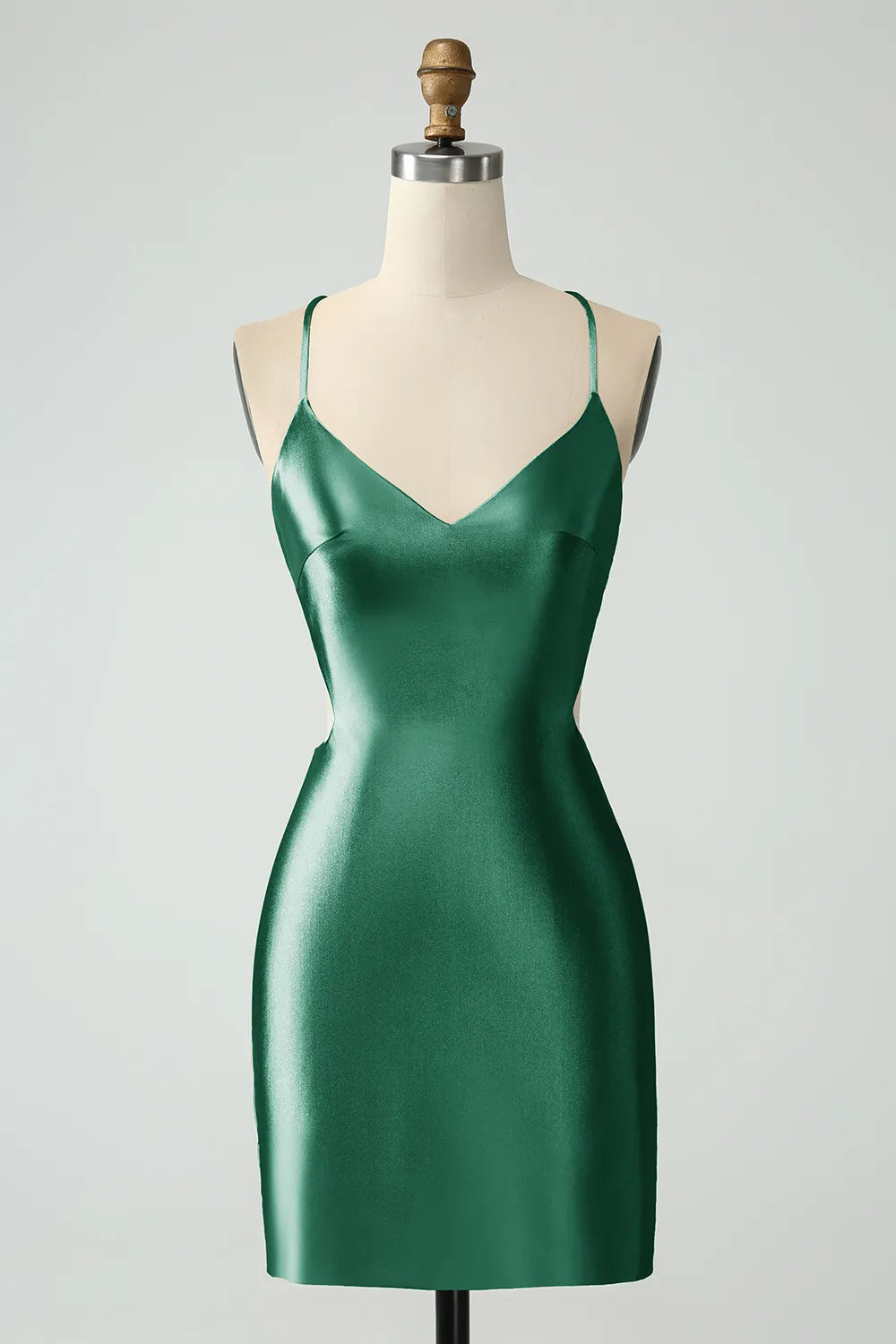 Dark green bodycon satin mini dress.