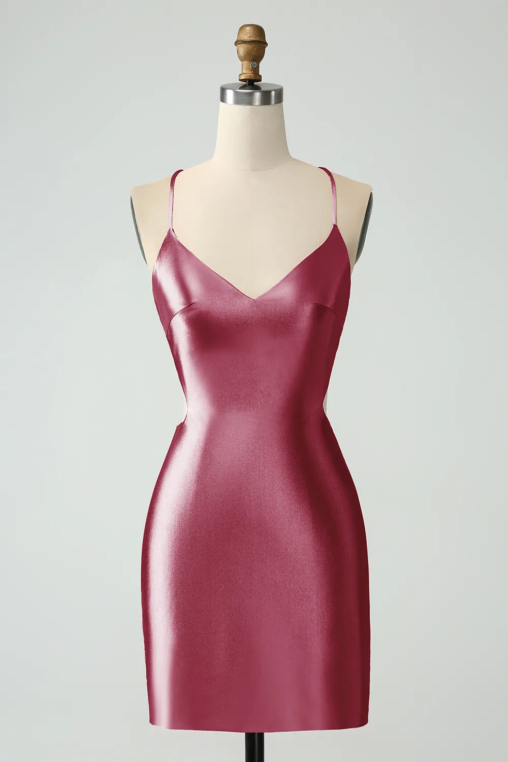 Burgundy bodycon satin mini dress.