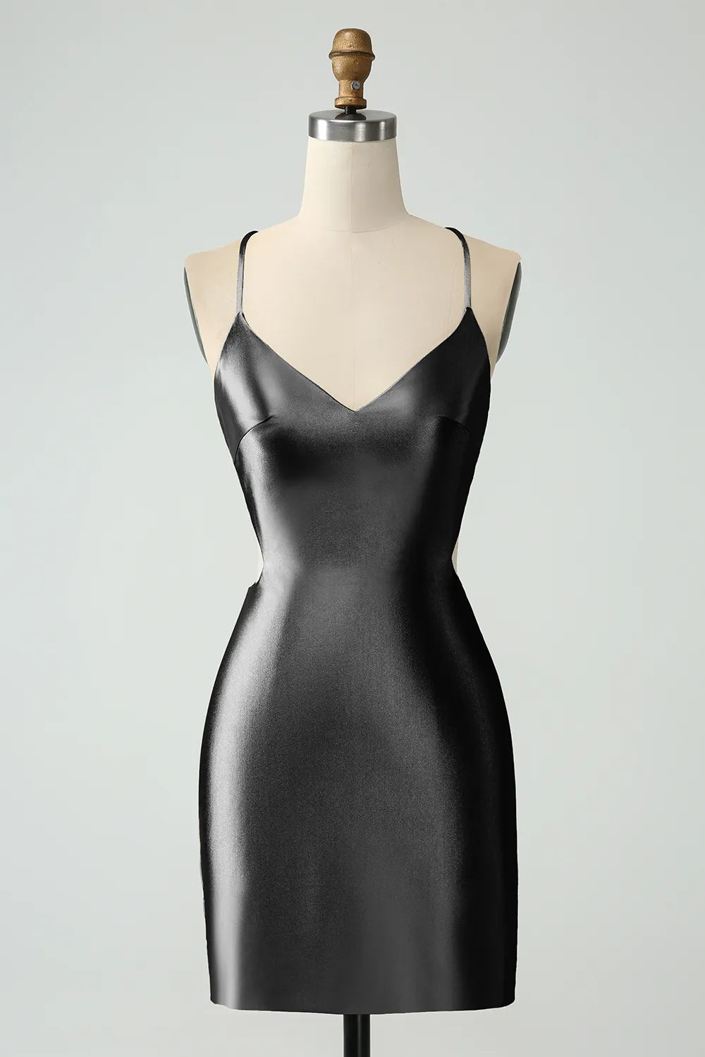 Black bodycon satin mini dress.