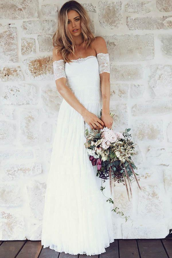 Boho A-line lace wedding dress with off-shoulder short sleeves.