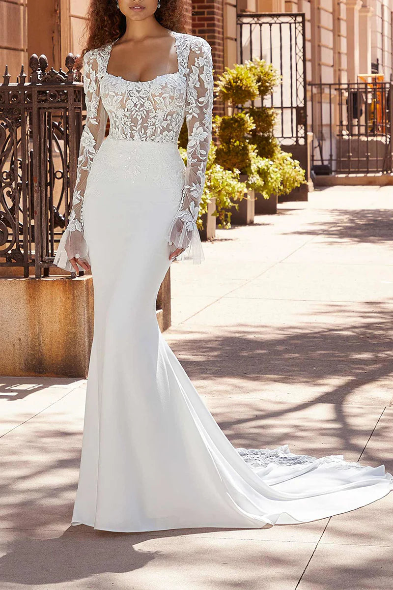 Boho mermaid wedding dress with square neckline and long sleeves.