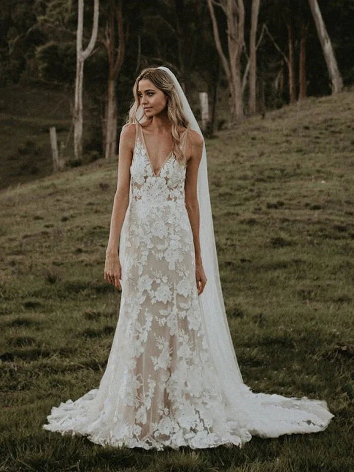Boho Mermaid V Neck wedding dress with floral lace appliques.