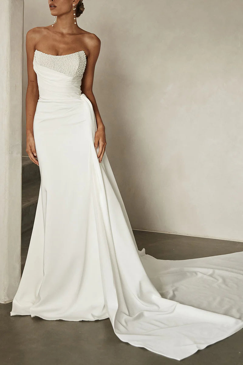 Full length view of the Boho strapless V-neck satin wedding dress, showing its elegant silhouette.