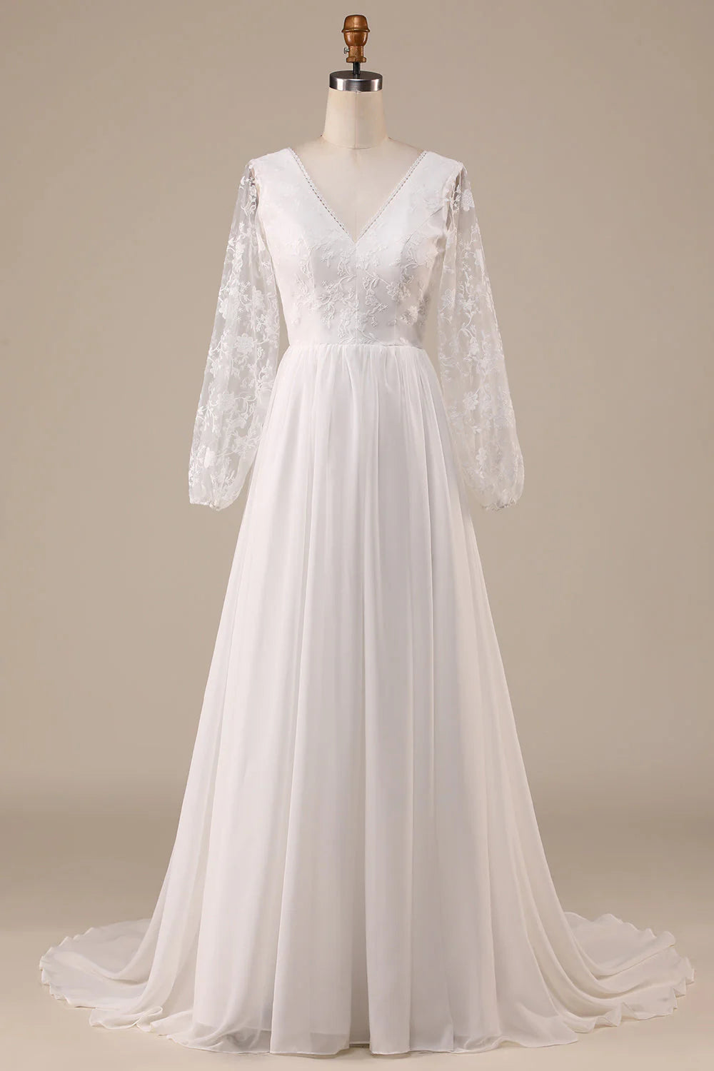 Boho V-Neck Lace Ivory A-Line Wedding Dress with Sweep Train.