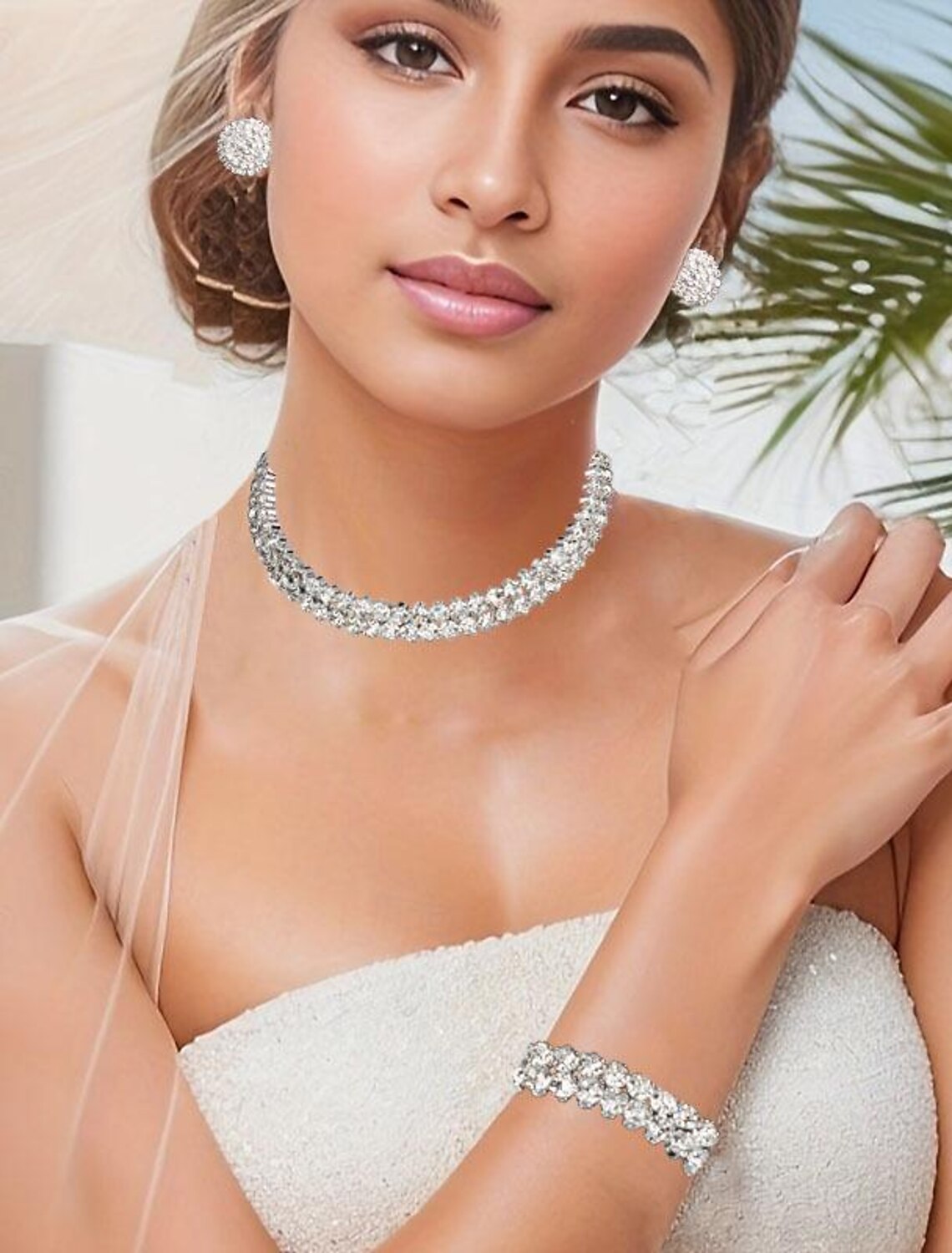 Detailed view of the imitation diamond bracelet from the three-piece bridal set.