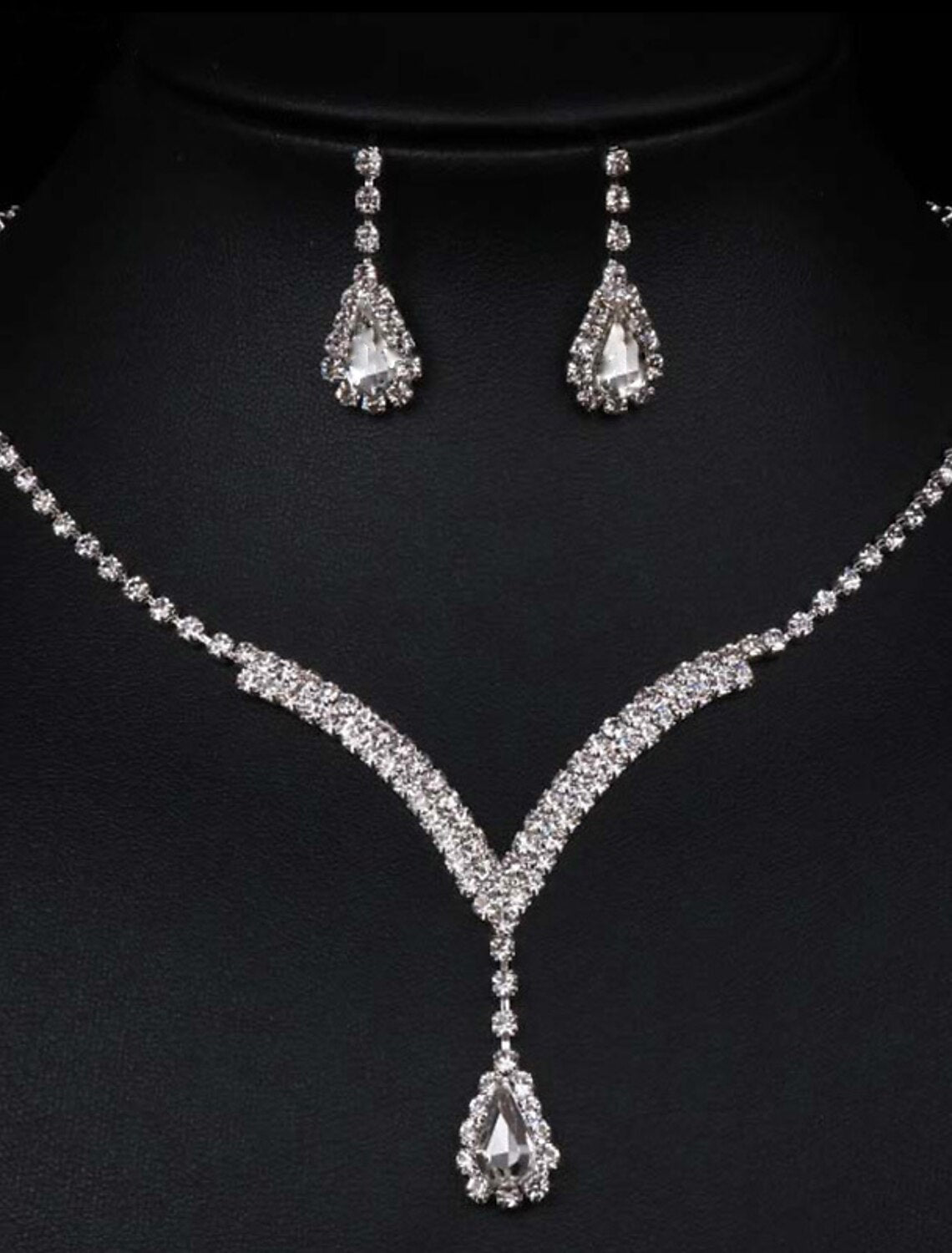 Close-up of the sparkling rhinestone necklace from the bridal set.