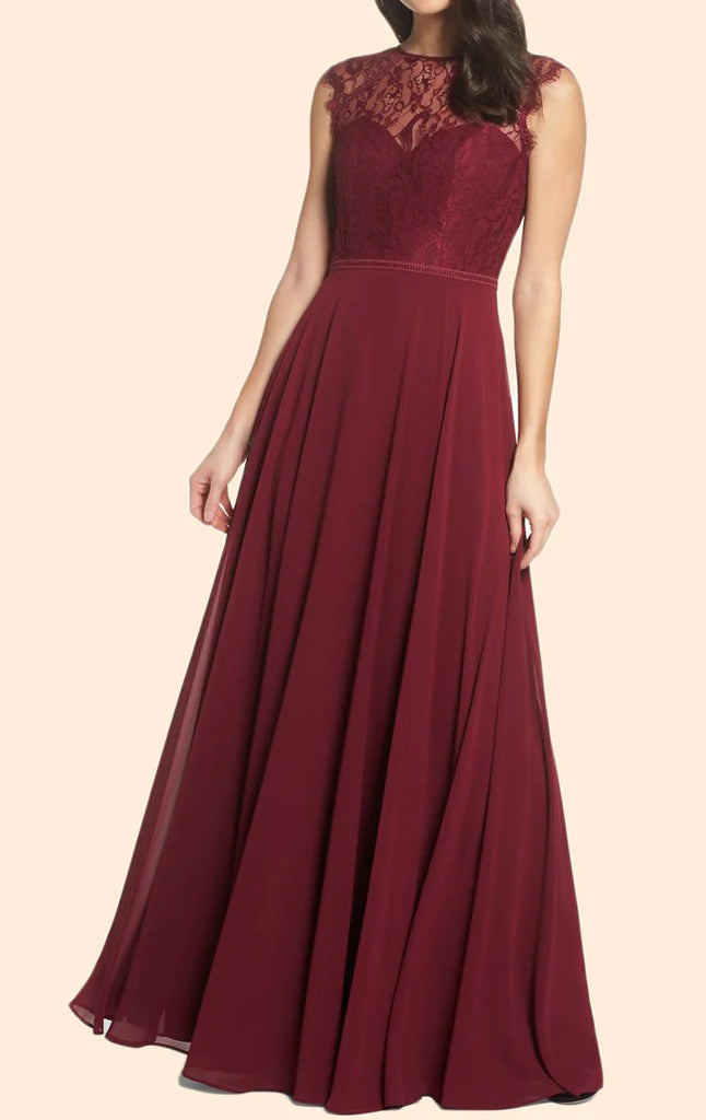 Elegant cap sleeve lace and chiffon long prom dress.