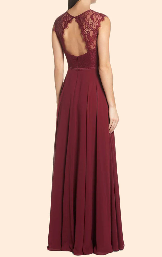Full length view of a formal cap sleeve evening gown.