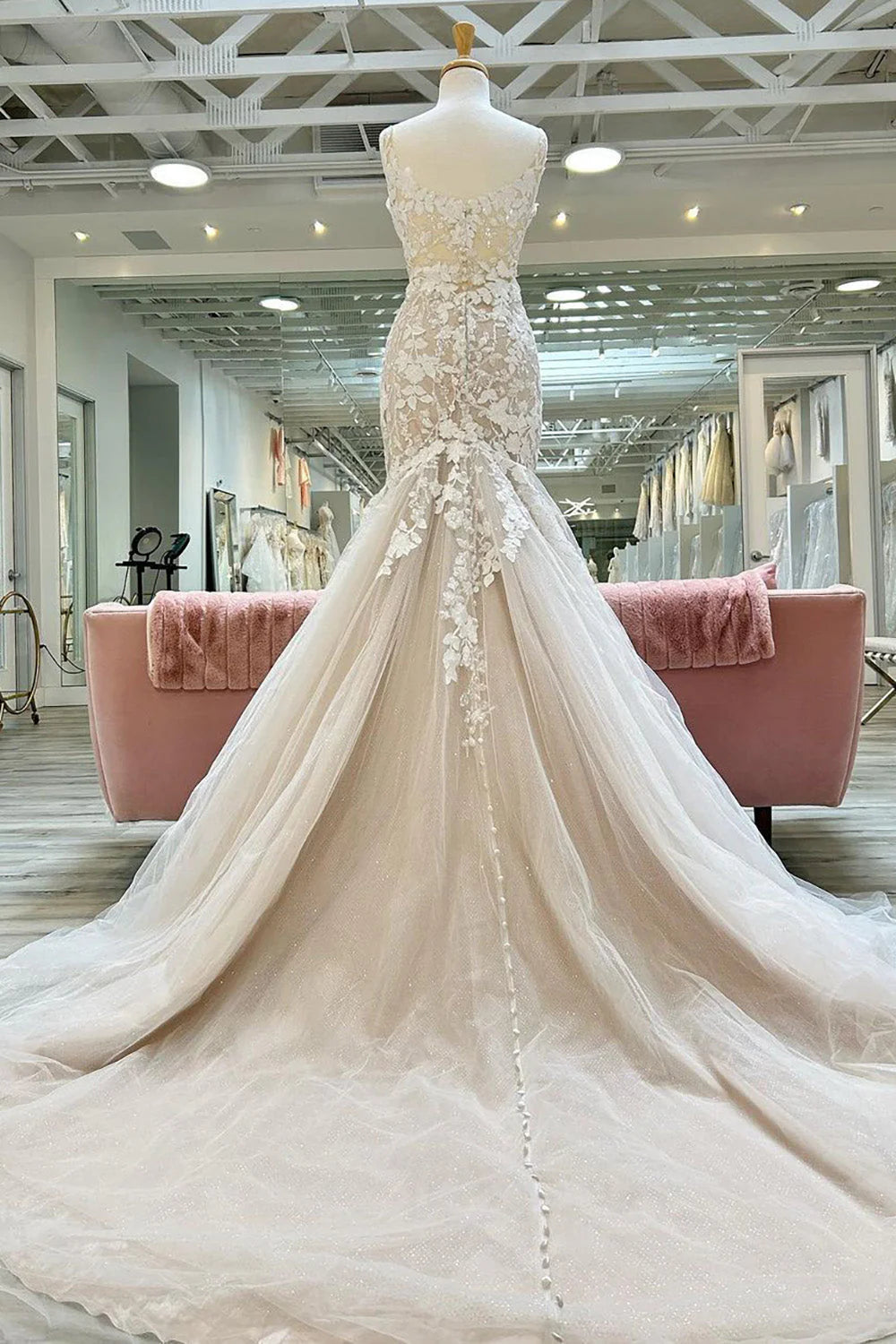 Back view of champagne mermaid wedding dress with intricate appliques.