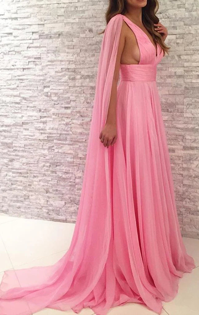 Elegant chiffon deep V-neck long bridesmaid dress.