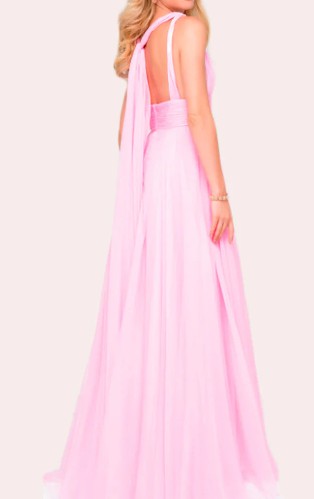 Back view of a flowing chiffon prom gown.