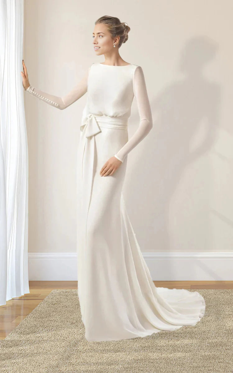 Elegant chiffon A-line V-neck long sleeve wedding dress with decorative buttons and a bow.