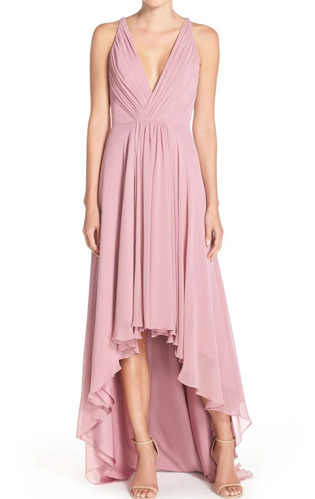 Elegant deep V-neck chiffon high-low formal gown.