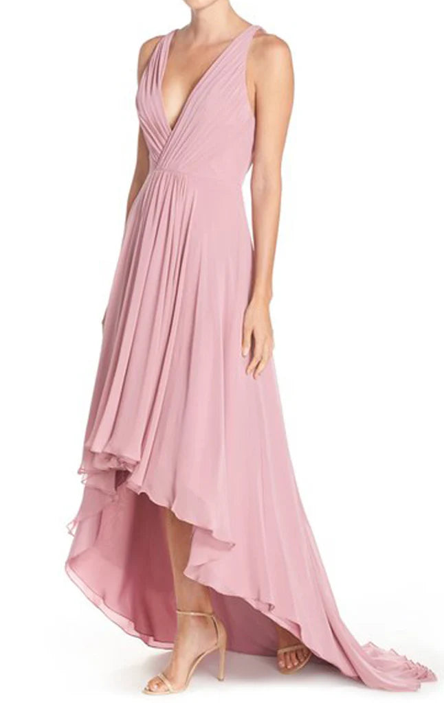 Back view of the flowing chiffon formal dress.