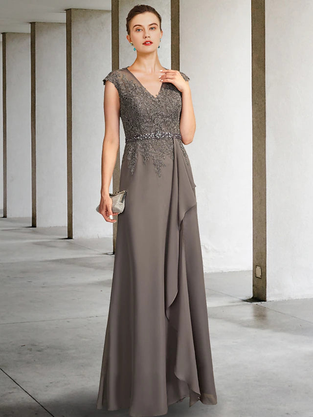 Elegant A-line Mother of the Bride dress with V-neck and cap sleeves.