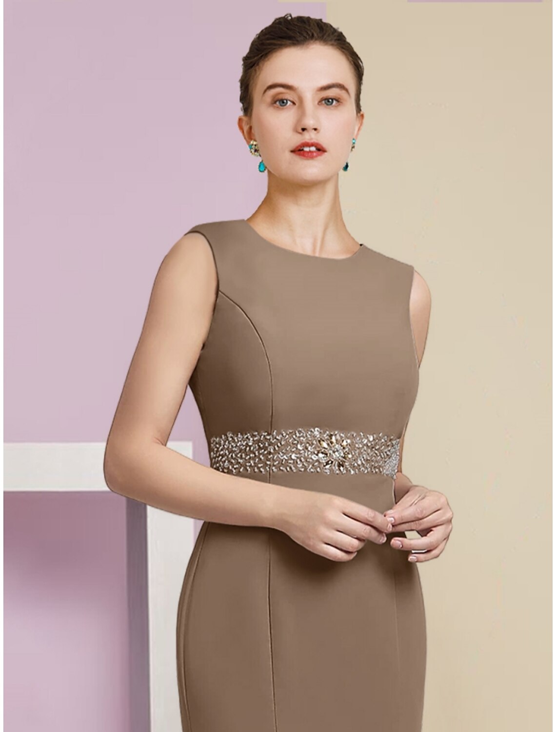 Side view of the elegant long sleeve chiffon gown with ruching.