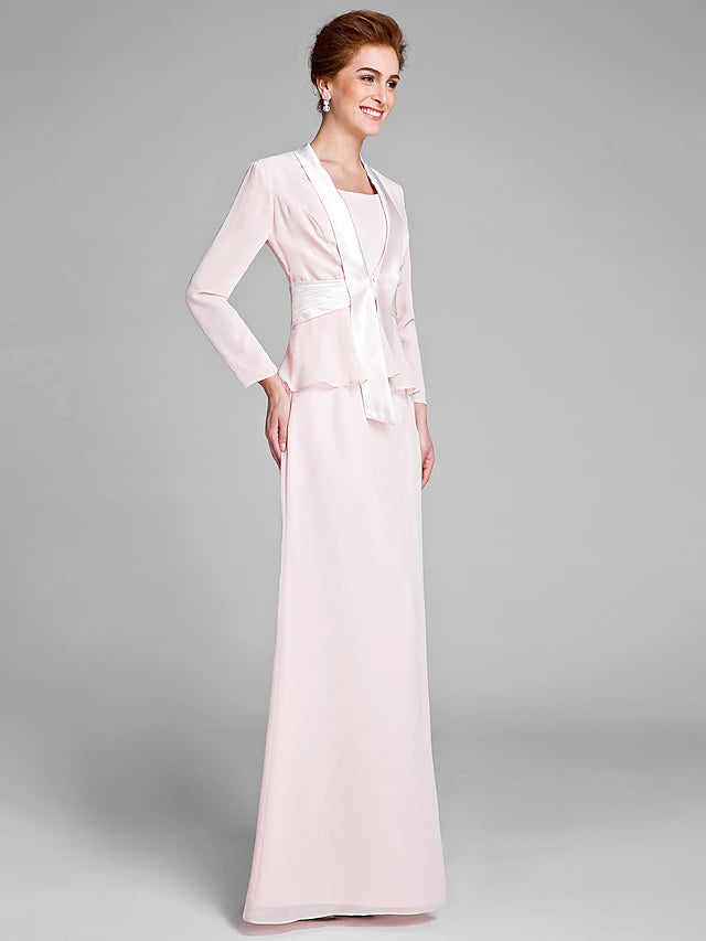 Chiffon Mother of the Bride dress with long sleeves and scoop neck.