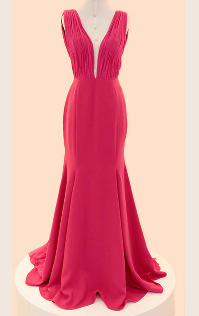 Elegant mermaid V-neck chiffon long prom dress with delicate straps.