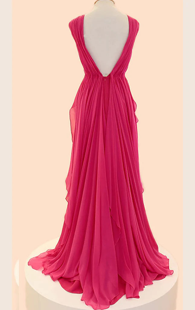 Back view of the elegant mermaid V-neck chiffon long prom dress.