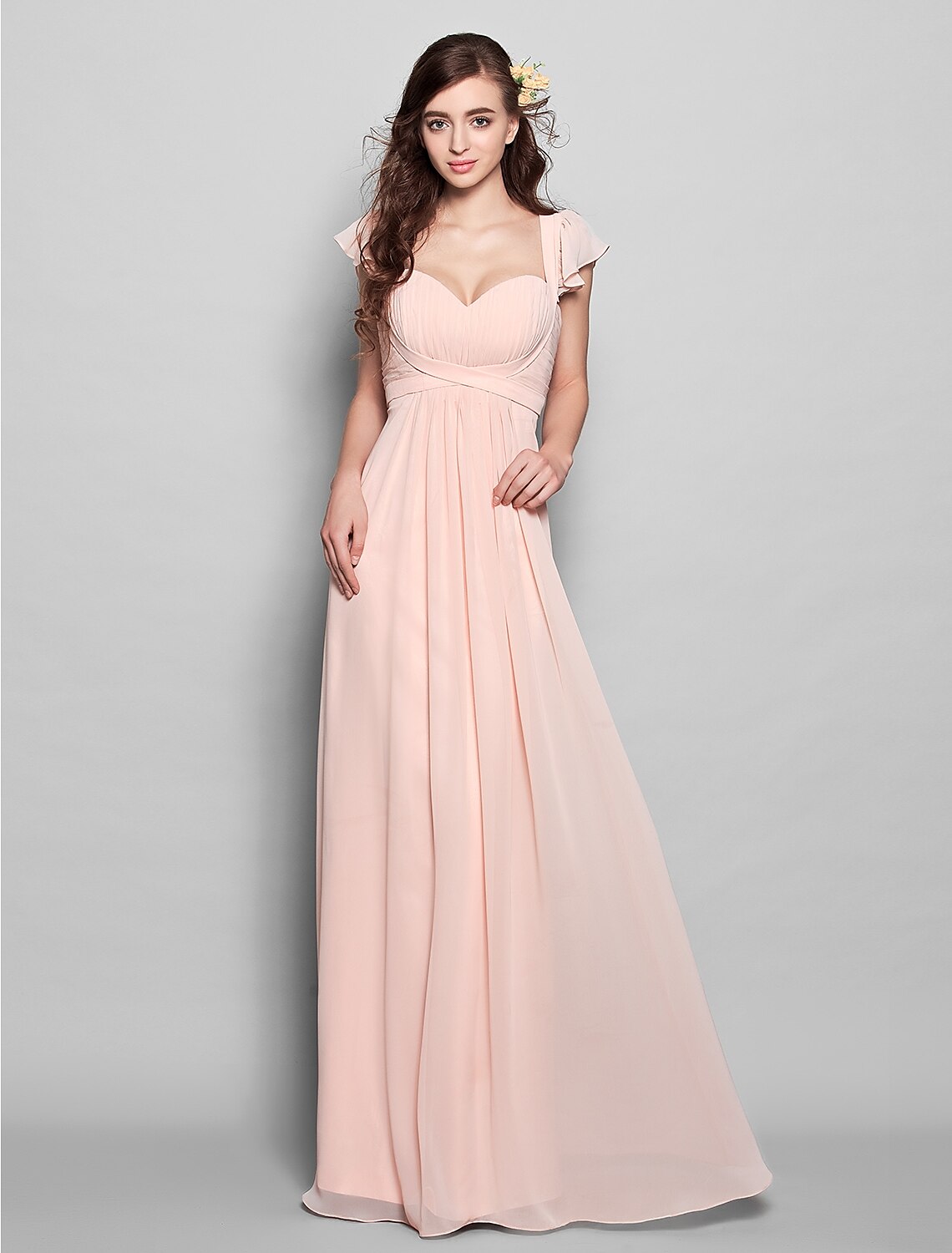 Elegant chiffon sheath bridesmaid dress with straps and a sash.