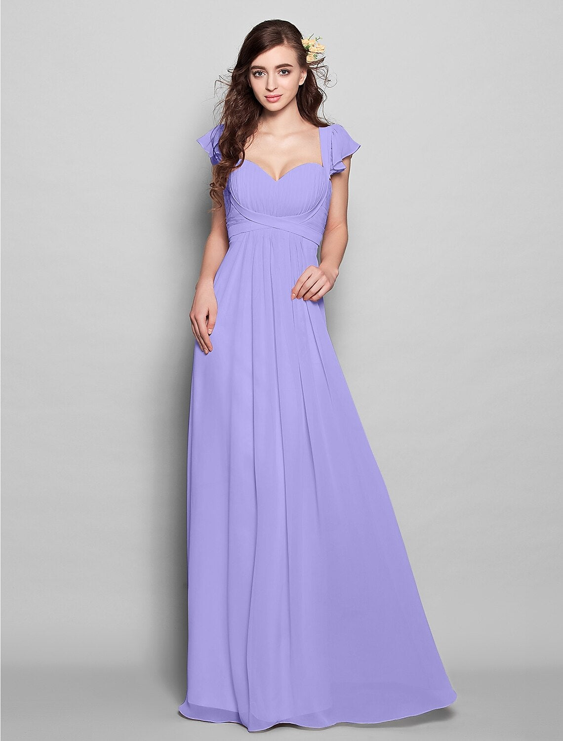 Back view of the floor-length chiffon bridesmaid dress, showing the column silhouette.