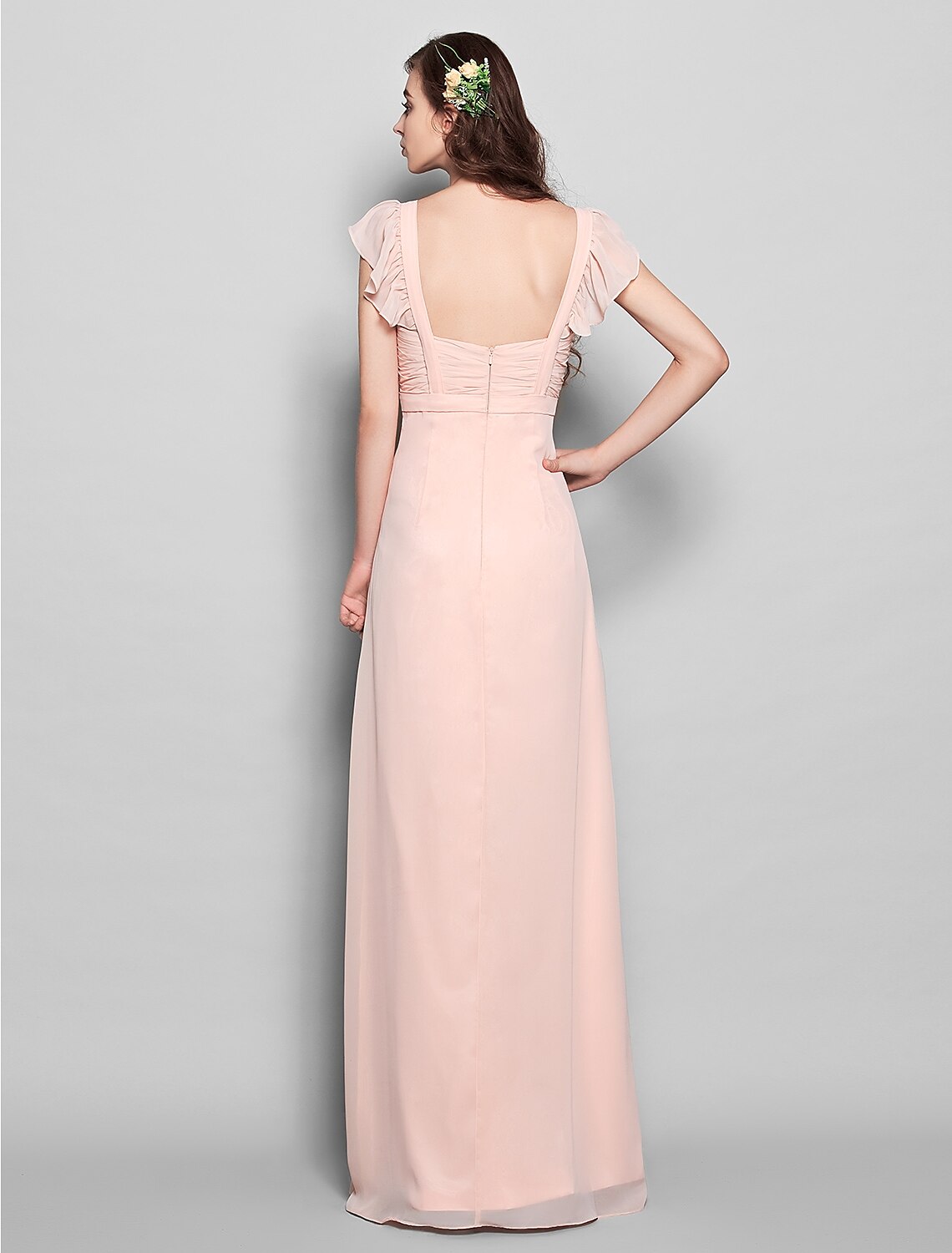 Full view of the bridesmaid dress, emphasizing the sash and pleats.