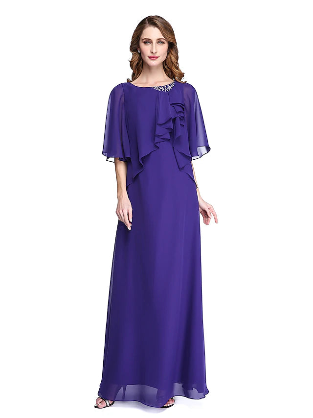 Elegant chiffon sheath mother of the bride gown with jewel neck and half sleeves.