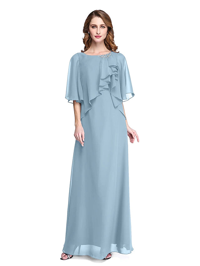 Back view of the elegant chiffon mother of the bride gown showing open back detail.