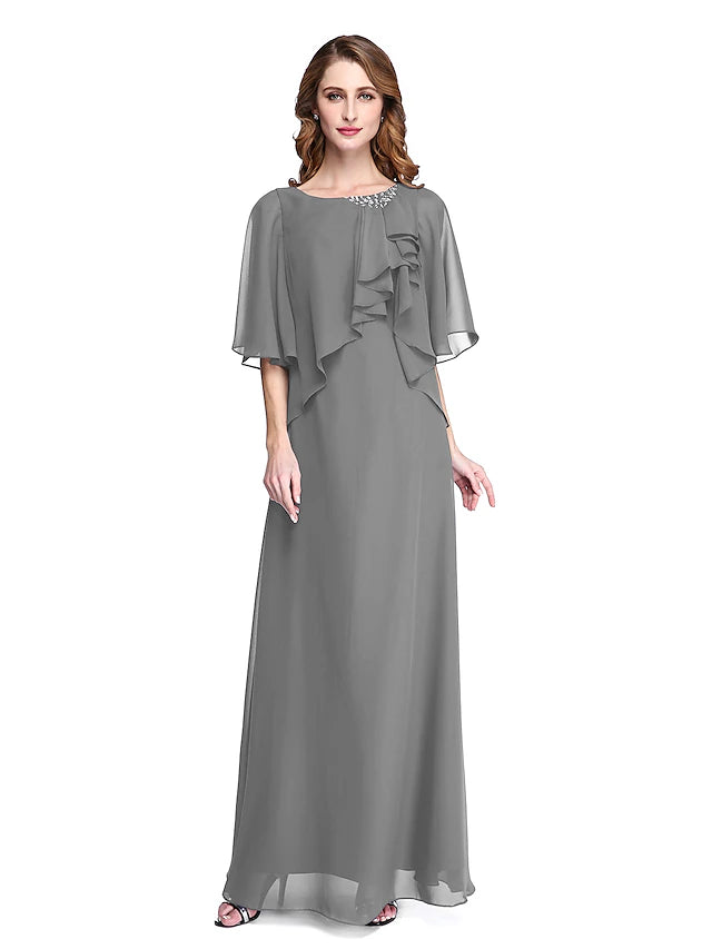 Side view of the elegant chiffon mother of the bride gown with pleats and beading.