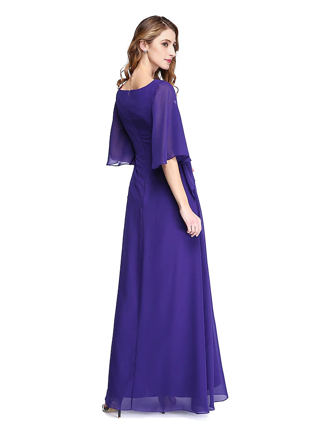 Close-up of the jewel neck and half sleeves on the chiffon mother of the bride dress.