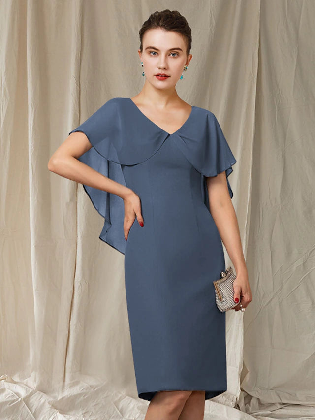 Elegant chiffon sheath Mother of the Bride dress with V-neck and short ruffled sleeves.