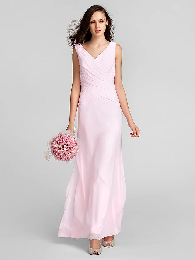Elegant chiffon V-neck sleeveless bridesmaid dress with criss-cross back.