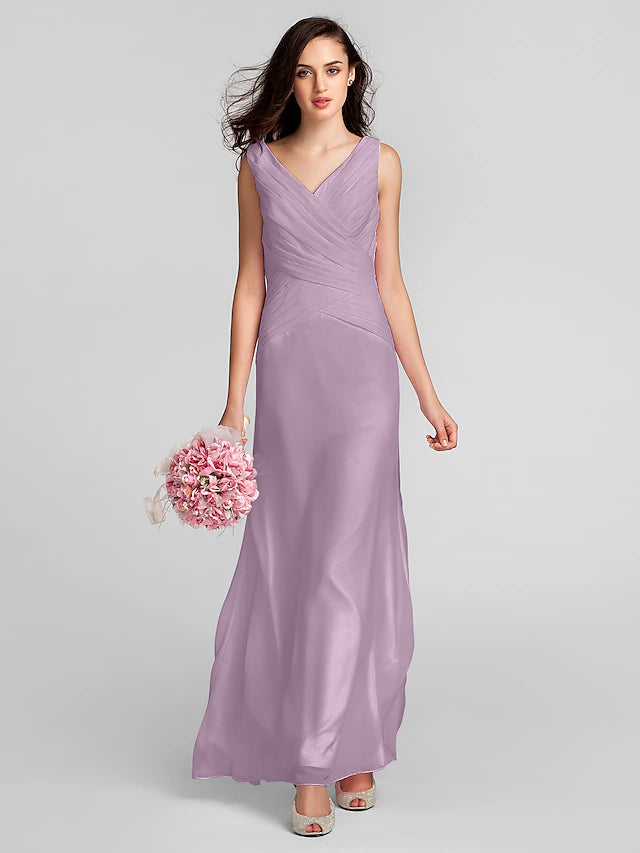 Floor-length chiffon bridesmaid gown with V-neckline.