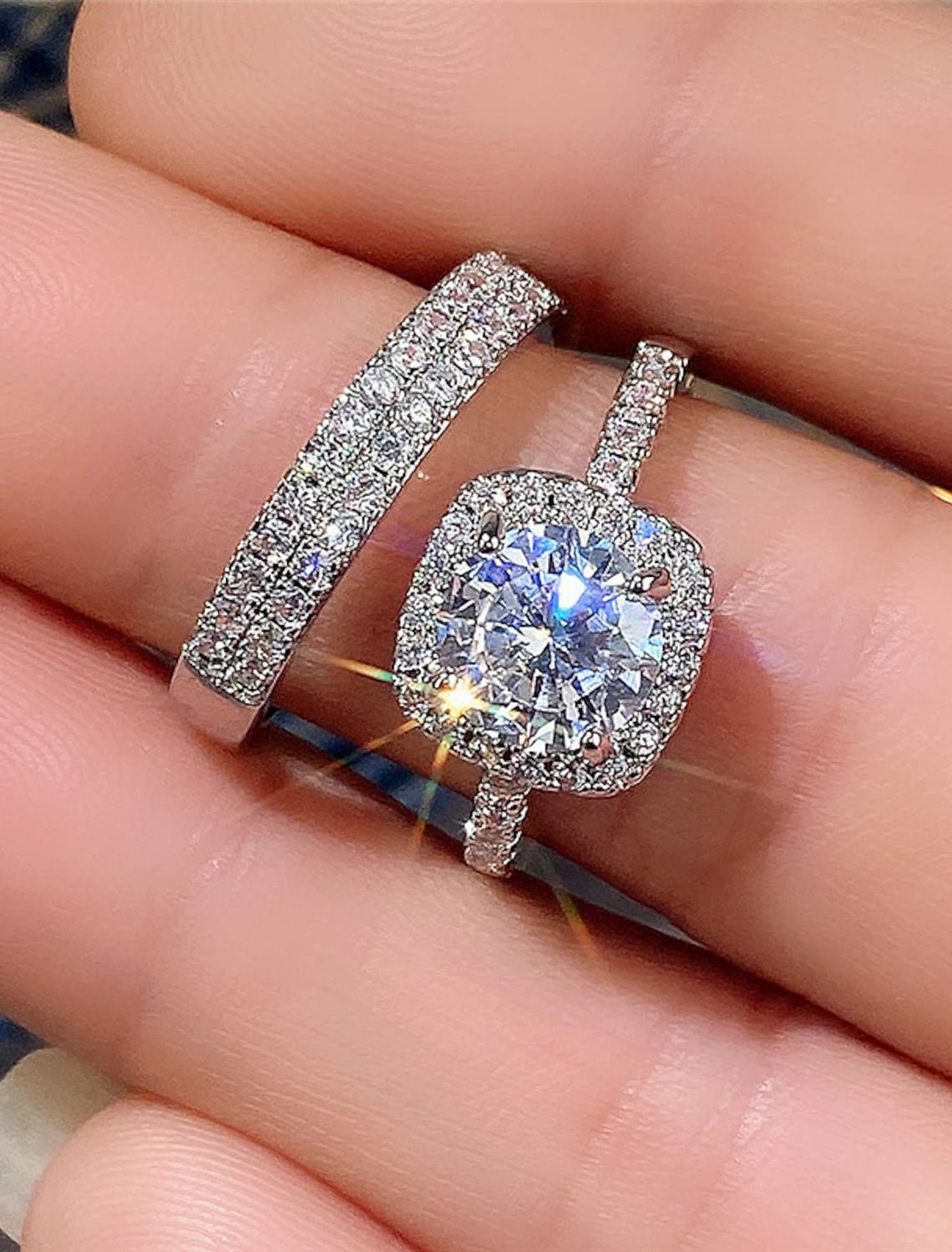 Detailed view of the zircon stone setting on the wedding ring.