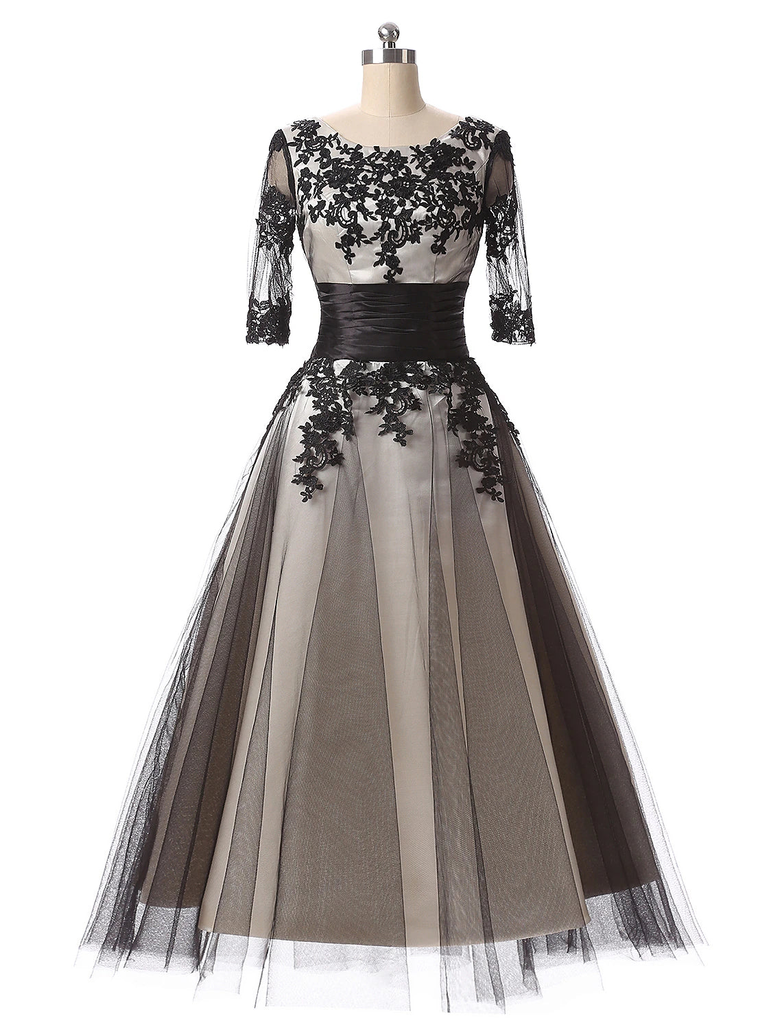 Elegant color block ball gown with jewel neck and half sleeves.