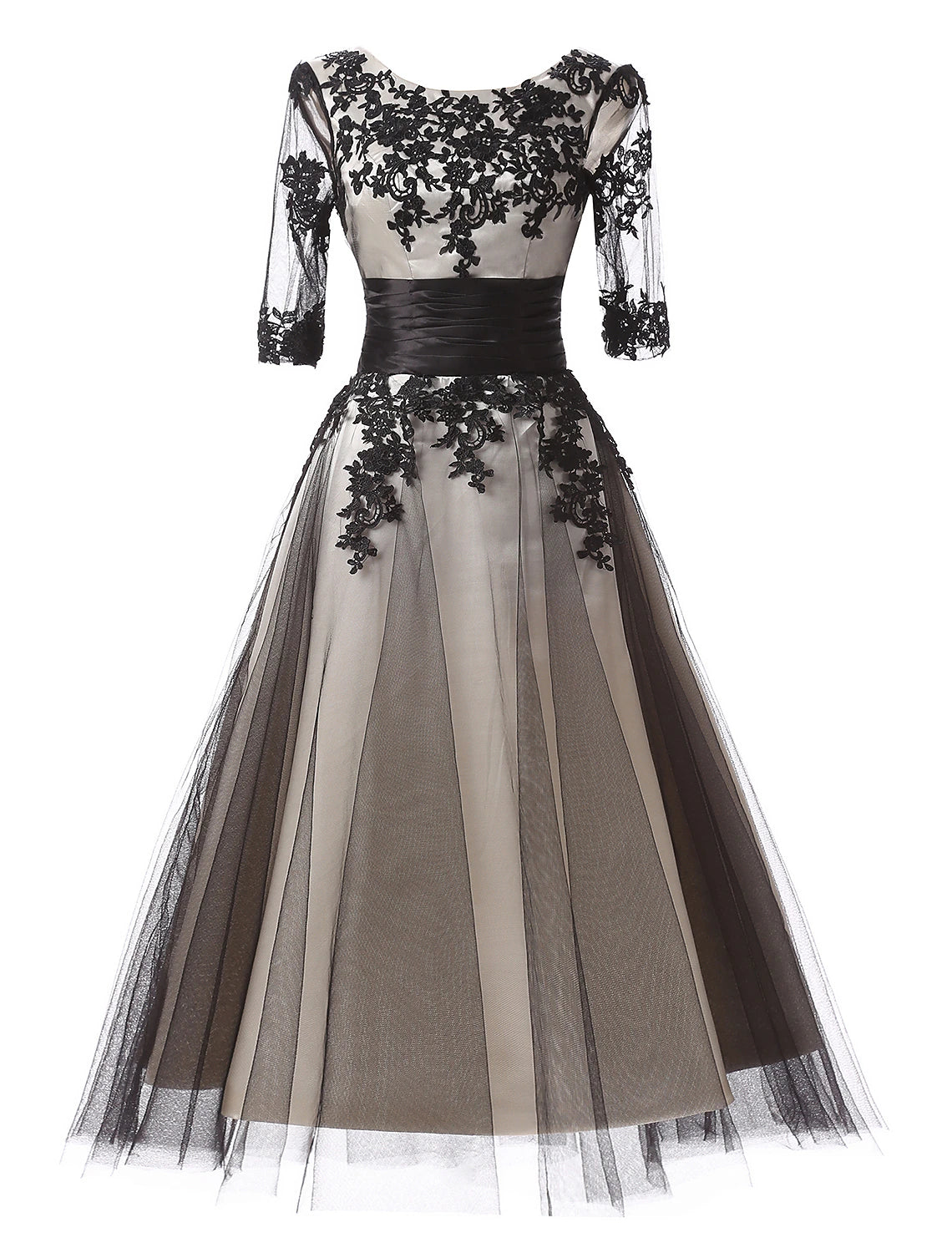 Close-up of the lace insert appliques on the ball gown.