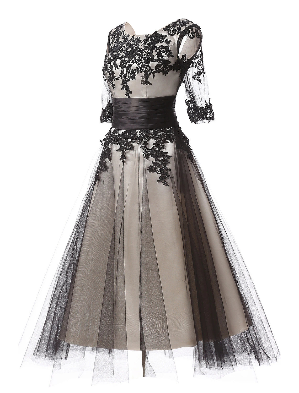 Model wearing the half sleeve jewel neck evening dress.