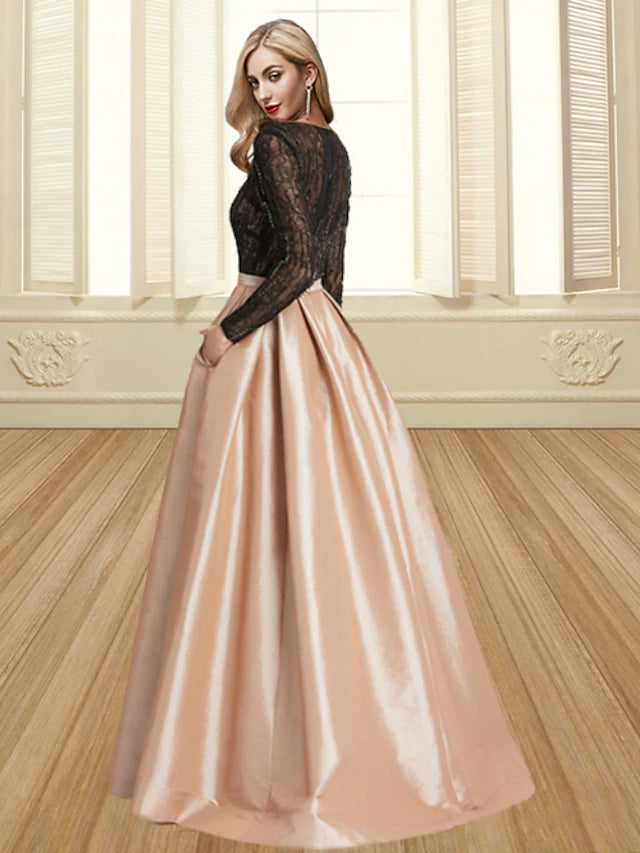 Back view of the pleated floor-length color block evening dress.