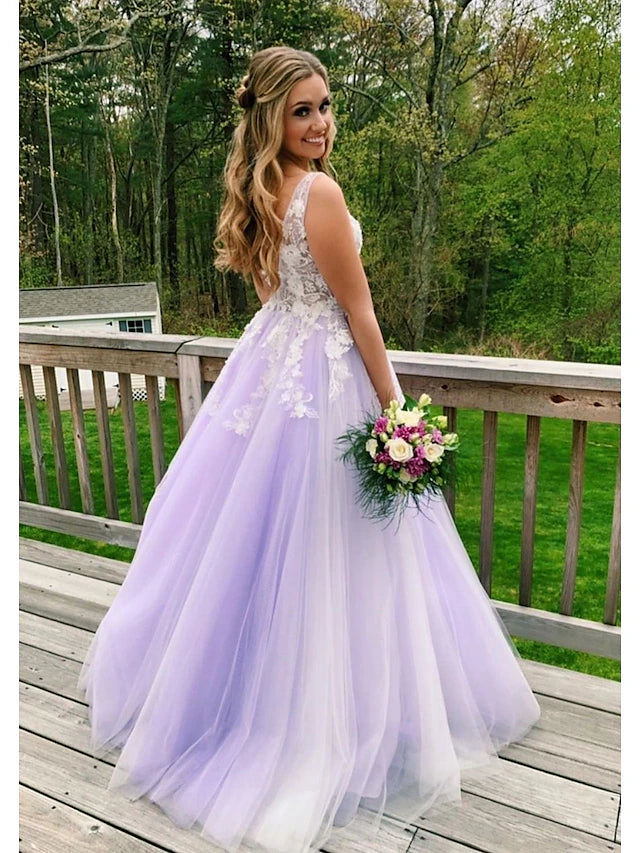 Elegant color block A-line ball gown prom dress with V-neck and beading.