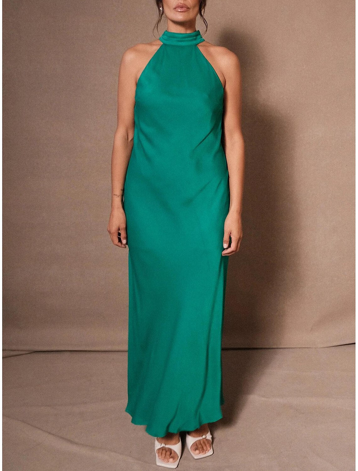 Floor length charmeuse wedding guest dress, front view.