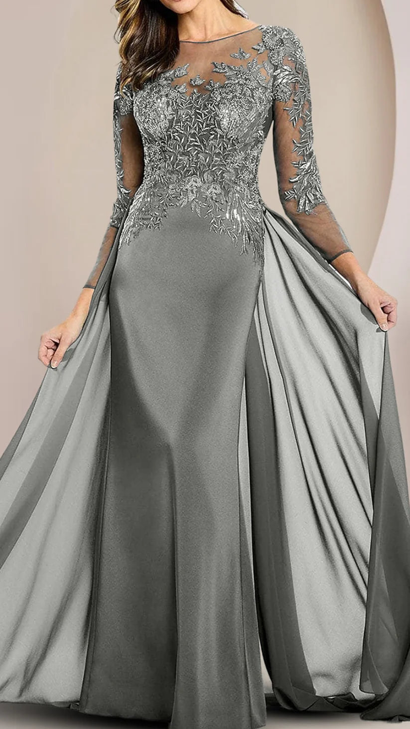 Elegant Column Mother of the Bride Gown with scoop neck and long sleeves.